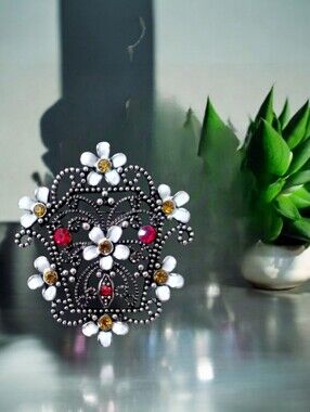 Floral Brooch with Beaded Silver Tone